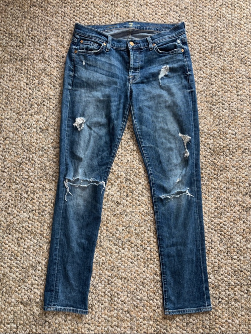 7 For All Mankind Distressed Skinny Jeans - Blue Wash